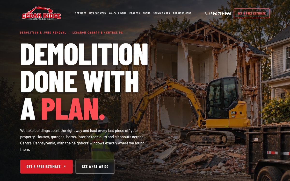 Cedar Ridge homepage, a demolition and junk removal company site designed by MAC Labs